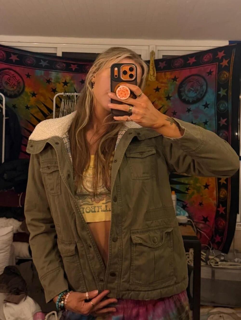 Old Navy Olive Utility Sherpa Collar Plaid-lined Military Jacket Size Large
